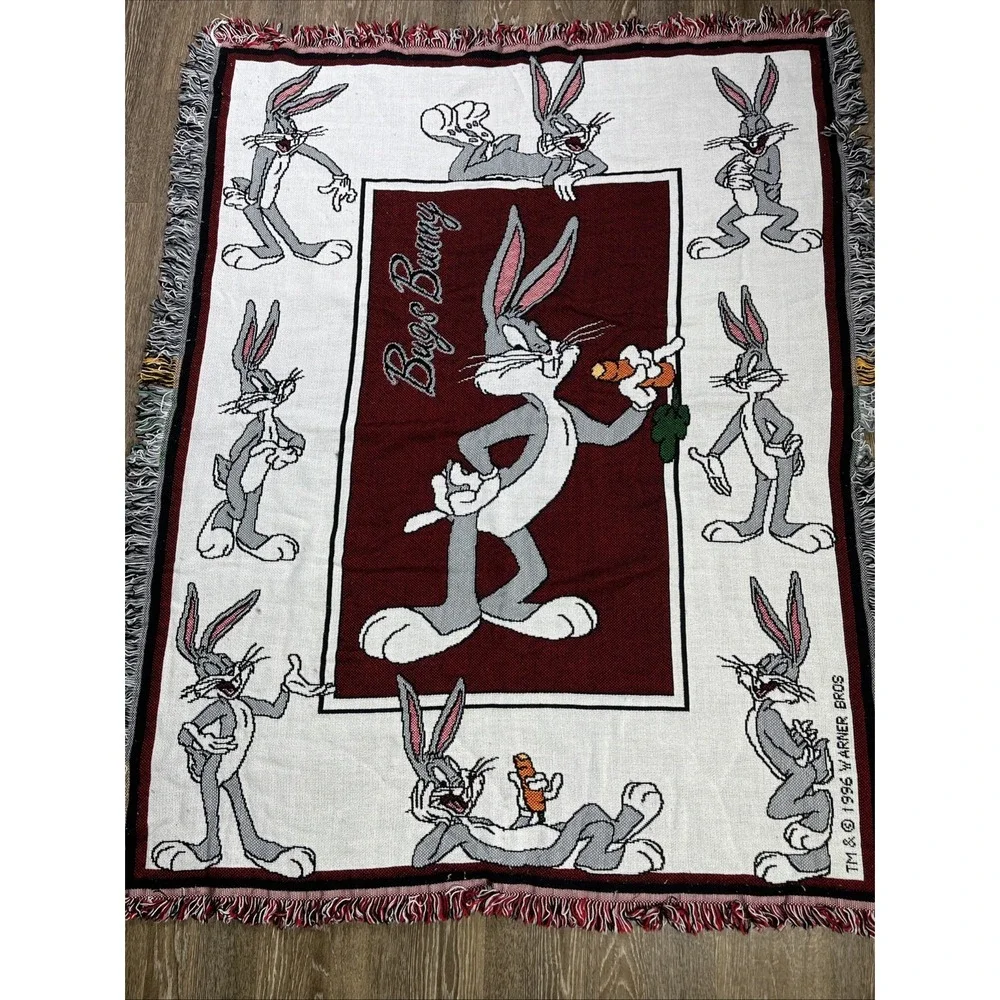 Vtg Looney Tunes Bugs Bunny Throw Blanket Tassle Fringe 1996 Warner Bros 44 x 57